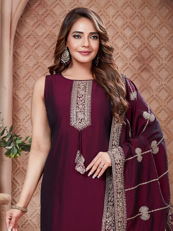 Wine straight cut sleeveless salwar suit