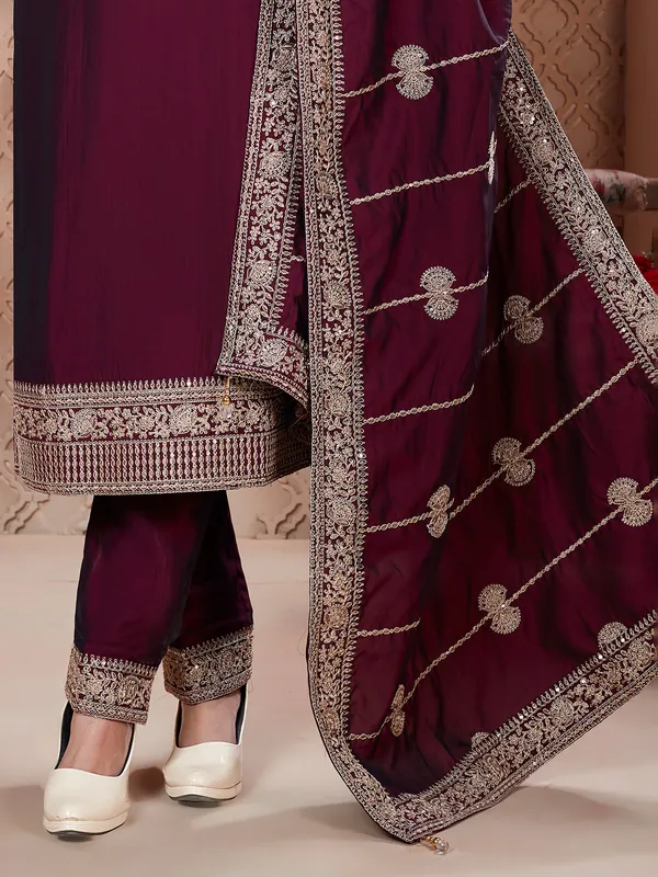 Wine straight cut sleeveless salwar suit