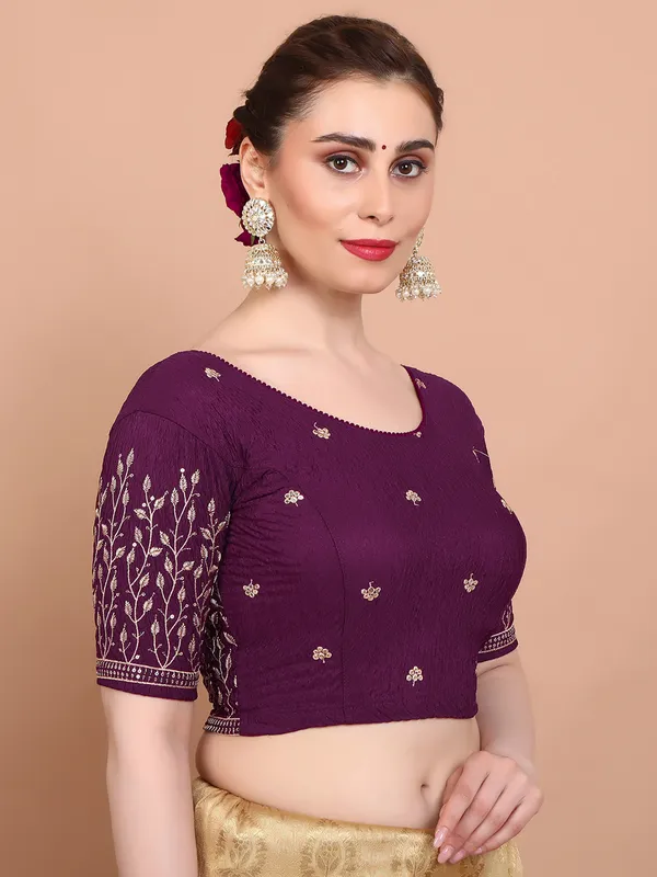 Wine strechable embroidered ready made blouse in lycra