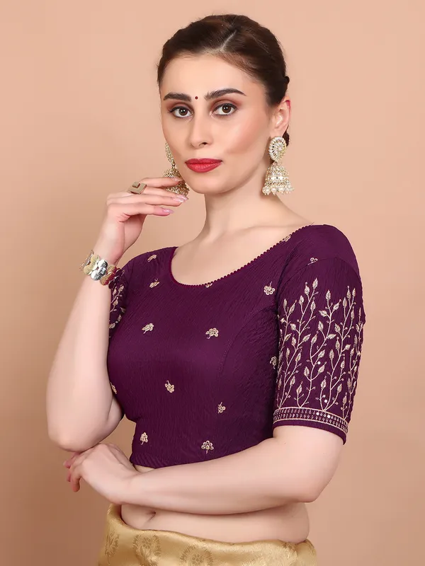 Wine strechable embroidered ready made blouse in lycra