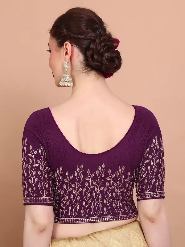 Wine strechable embroidered ready made blouse in lycra