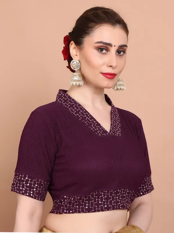 Wine strechable V neck ready made blouse in lycra