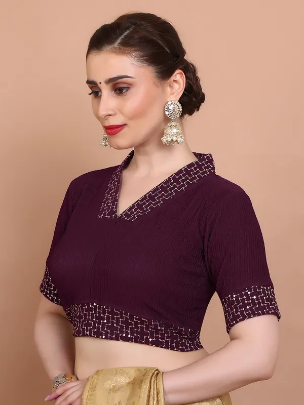 Wine strechable V neck ready made blouse in lycra