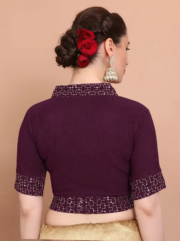 Wine strechable V neck ready made blouse in lycra