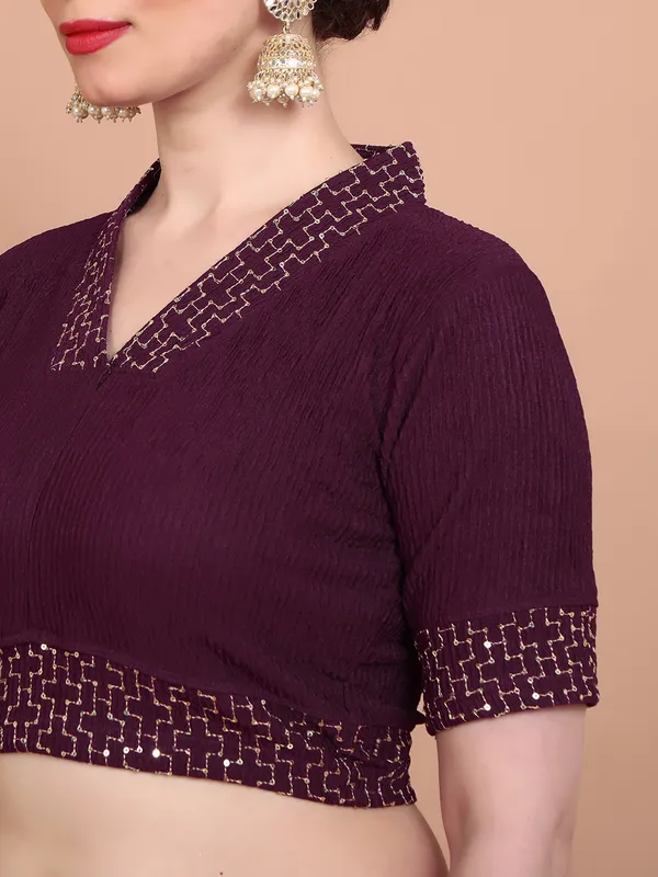 Wine strechable V neck ready made blouse in lycra