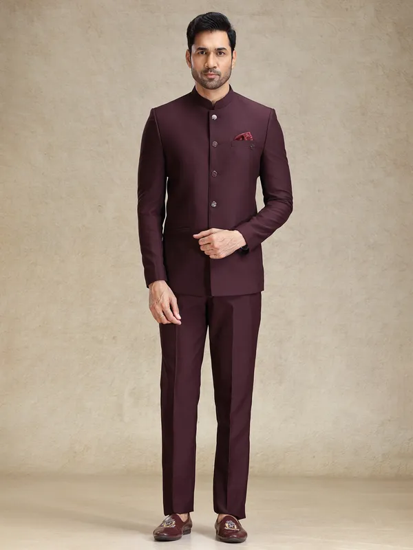 Wine terry rayon bandh gala jodhpuri suit