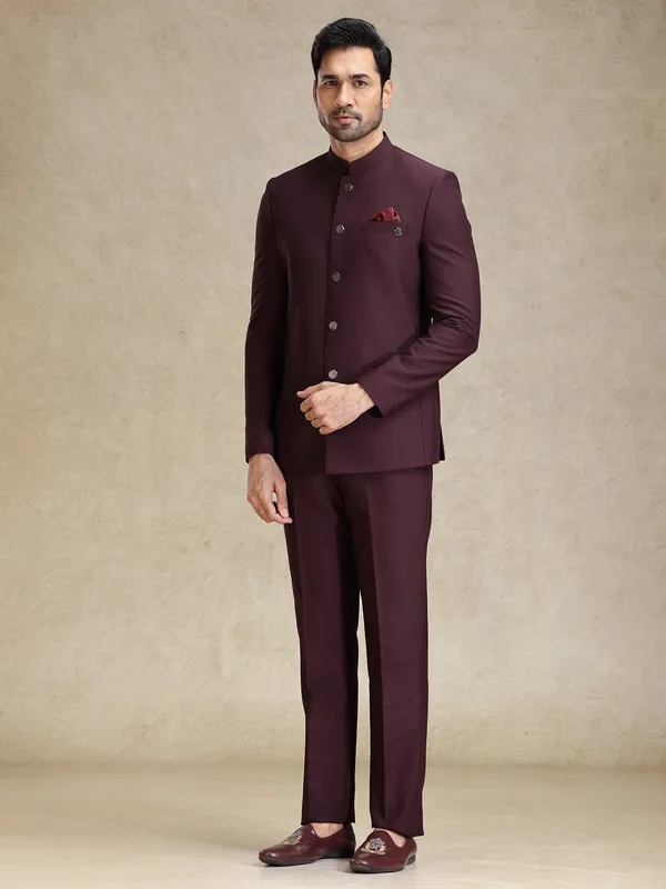 Wine terry rayon bandh gala jodhpuri suit