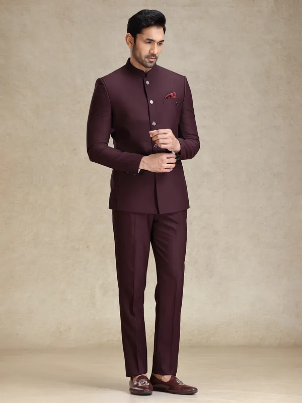 Wine terry rayon bandh gala jodhpuri suit