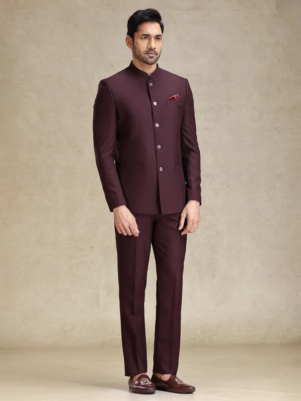 Wine terry rayon bandh gala jodhpuri suit