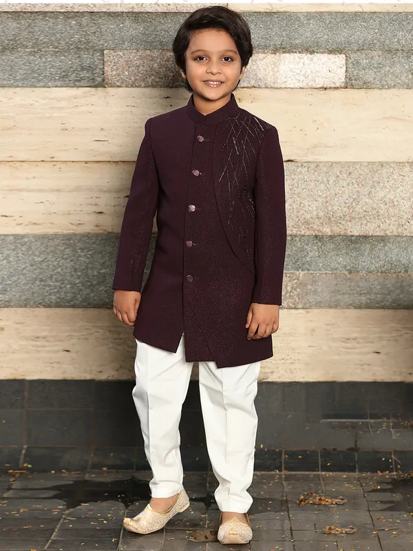 Wine terry rayon boys indowestern for wedding