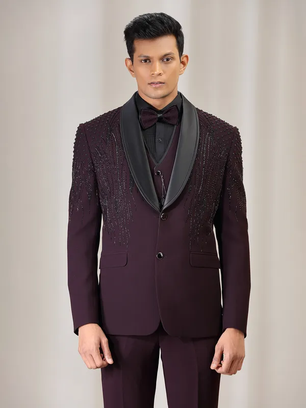 Wine terry rayon coat suit with cutdana and beads work