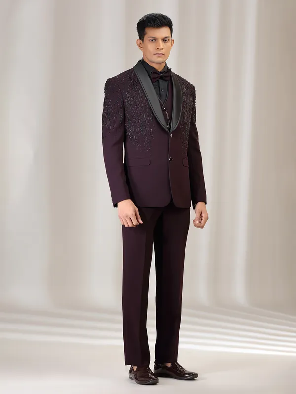 Wine terry rayon coat suit with cutdana and beads work