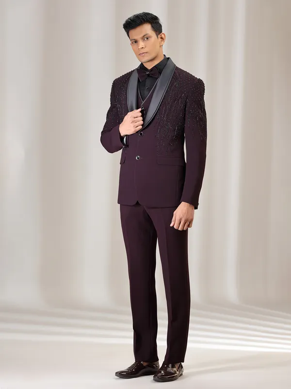 Wine terry rayon coat suit with cutdana and beads work