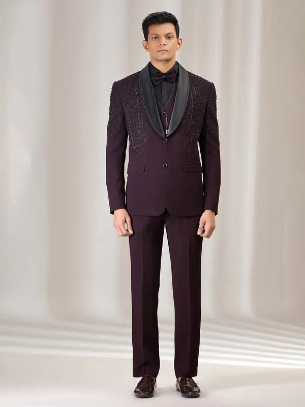 Wine terry rayon coat suit with cutdana and beads work