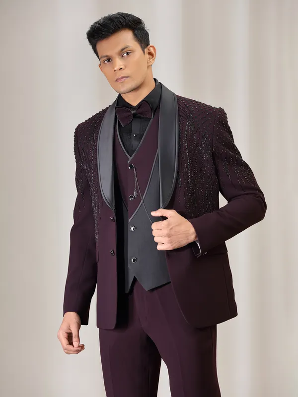 Wine terry rayon coat suit with cutdana and beads work
