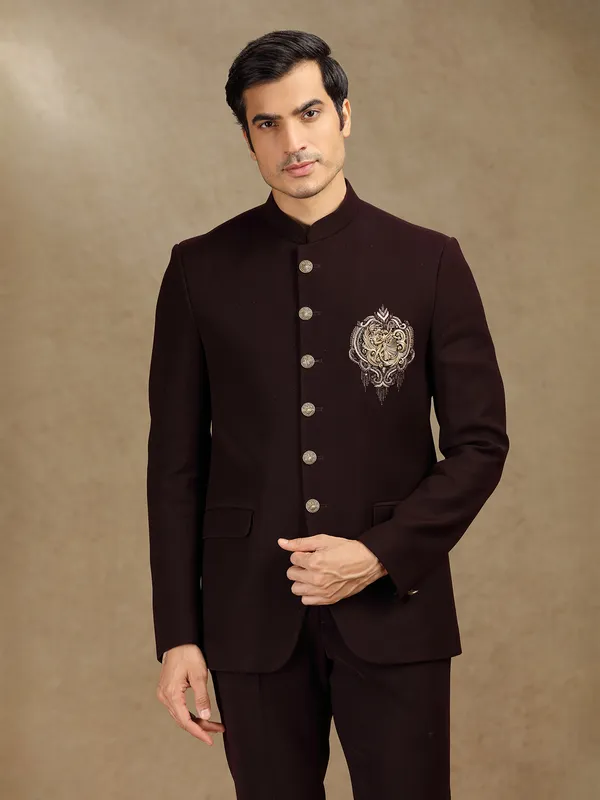 Wine terry rayon jodhpuri suit for wedding wear