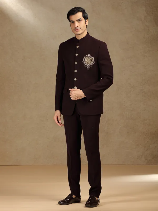 Wine terry rayon jodhpuri suit for wedding wear