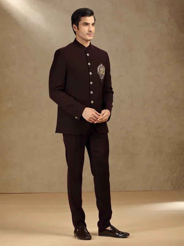 Wine terry rayon jodhpuri suit for wedding wear