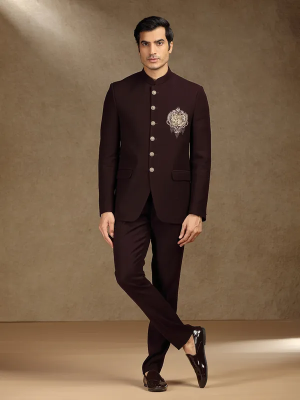 Wine terry rayon jodhpuri suit for wedding wear