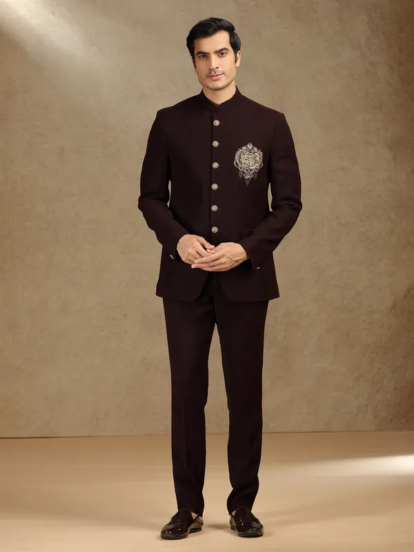 Wine terry rayon jodhpuri suit for wedding wear