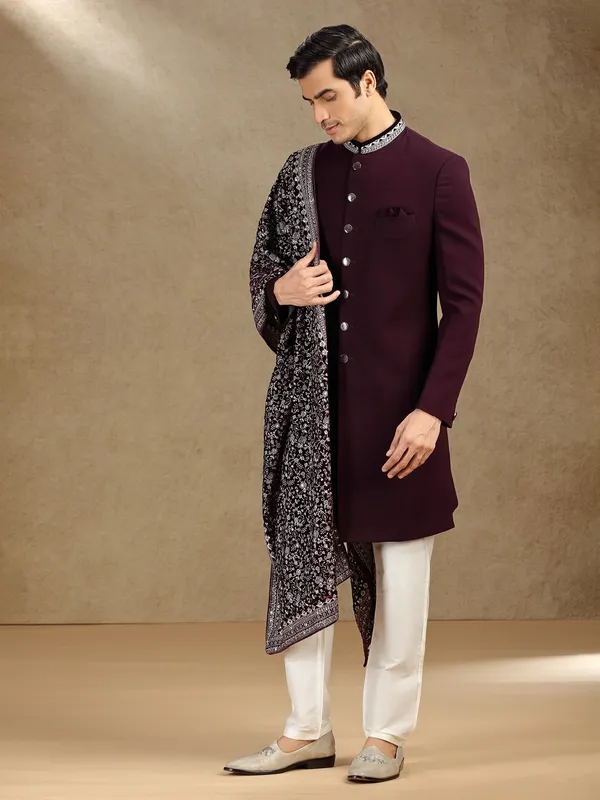 Wine terry rayon wedding wear indo western with dupatta
