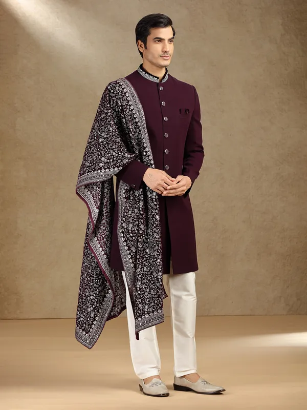 Wine terry rayon wedding wear indo western with dupatta