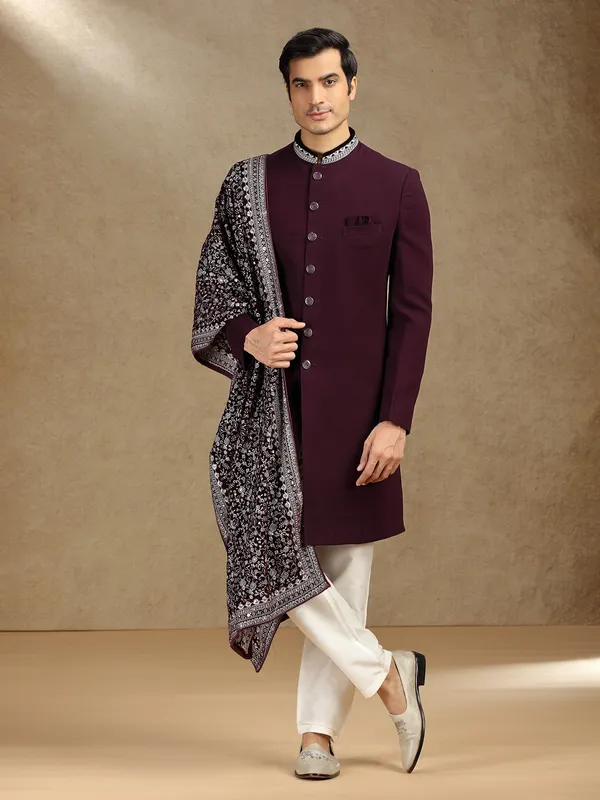 Wine terry rayon wedding wear indo western with dupatta