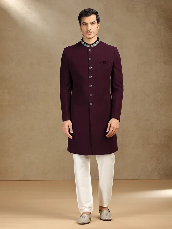 Wine terry rayon wedding wear indo western with dupatta