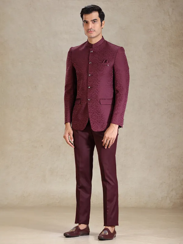 Wine textured jacquard net bandh gala suit