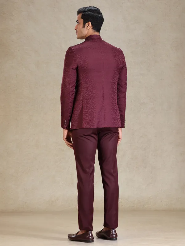 Wine textured jacquard net bandh gala suit