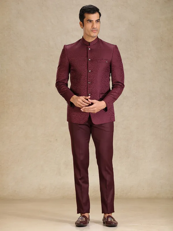 Wine textured jacquard net bandh gala suit
