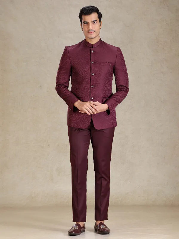Wine textured jacquard net bandh gala suit