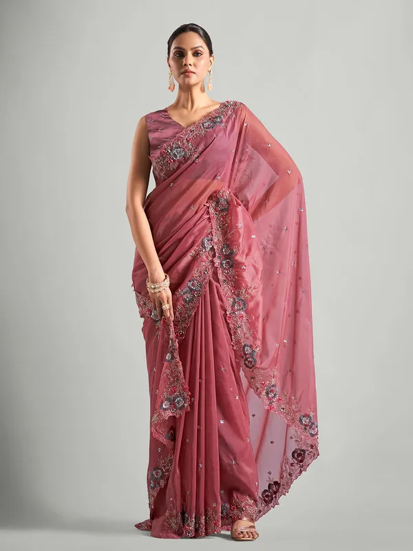 Wine organza saree for reception