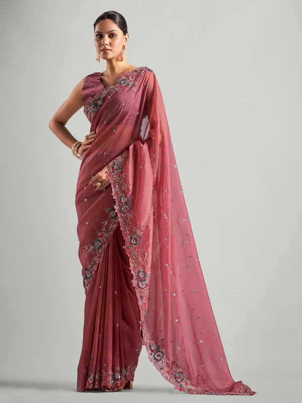 Wine organza saree for reception