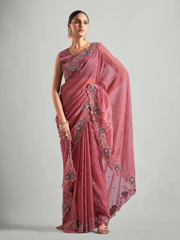 Wine organza saree for reception
