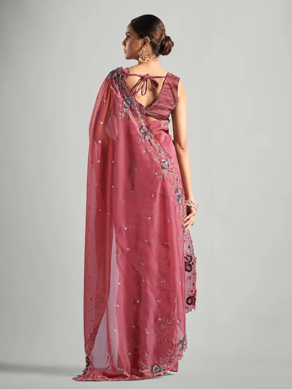 Wine organza saree for reception