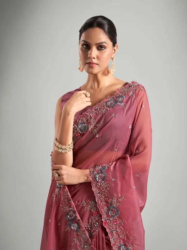 Wine organza saree for reception
