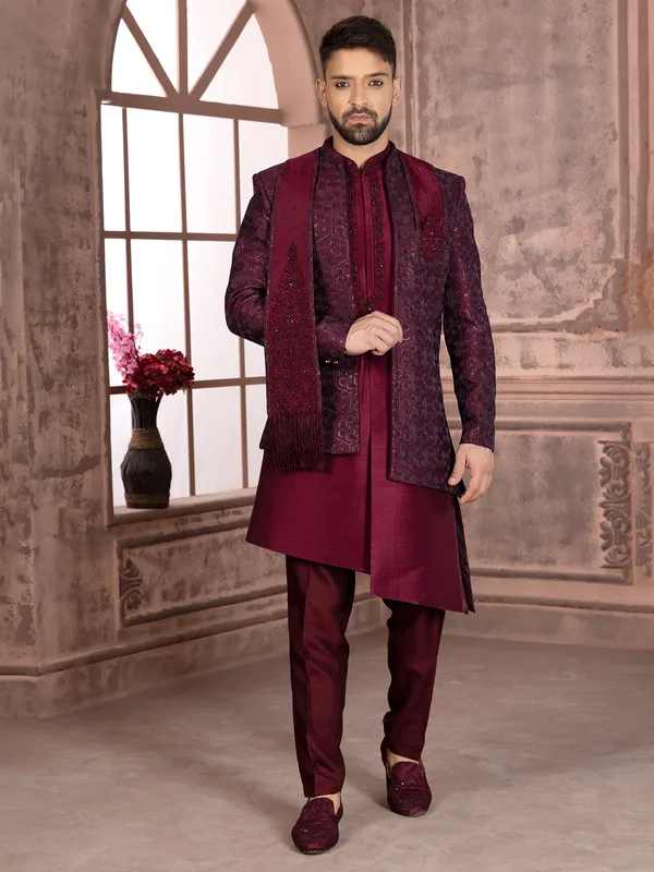 Wine trendy silk indowestern for wedding
