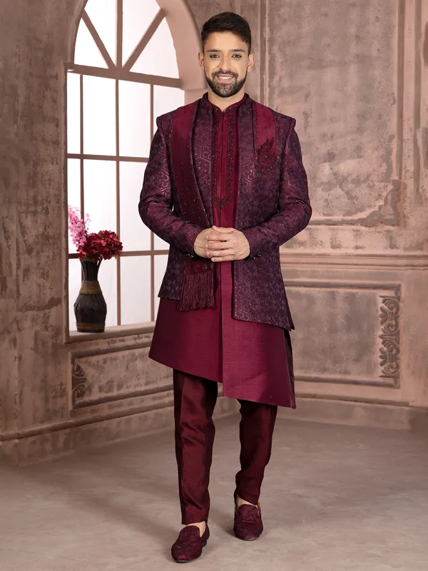 Wine trendy silk indowestern for wedding