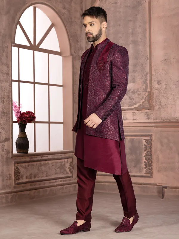 Wine trendy silk indowestern for wedding