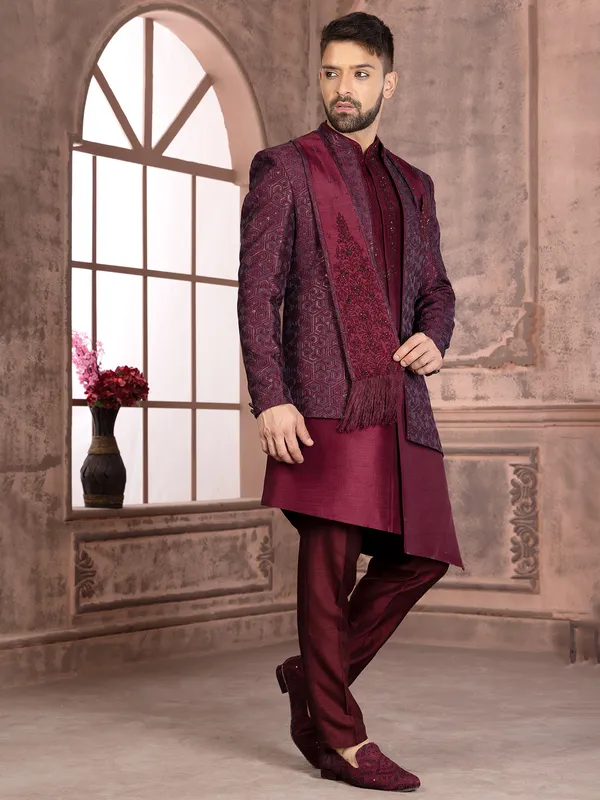 Wine trendy silk indowestern for wedding