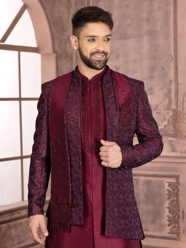 Wine trendy silk indowestern for wedding