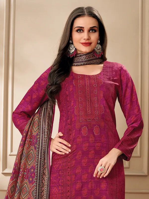Wine tusser silk printed salwar suit