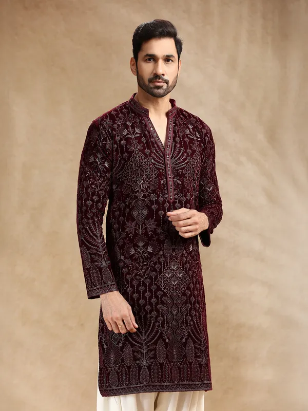 Wine velevt men kurta pajama with embroidery
