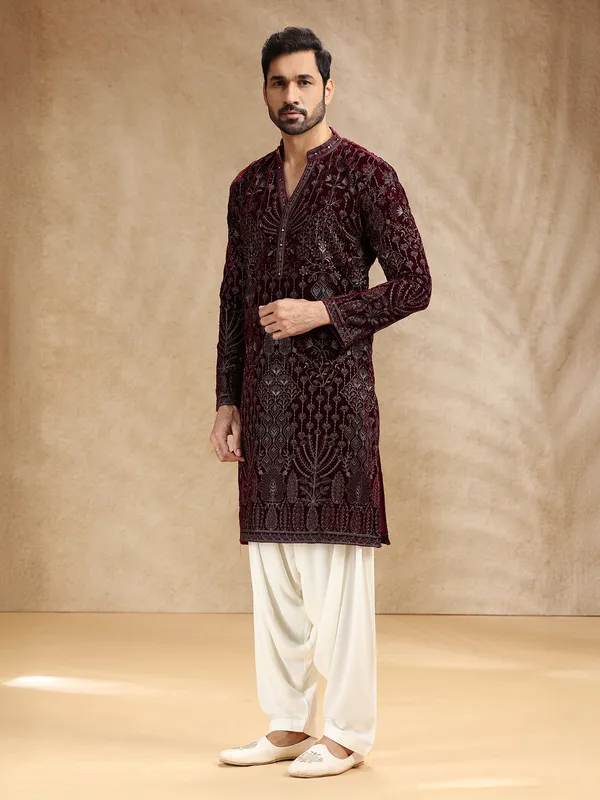 Wine velevt men kurta pajama with embroidery