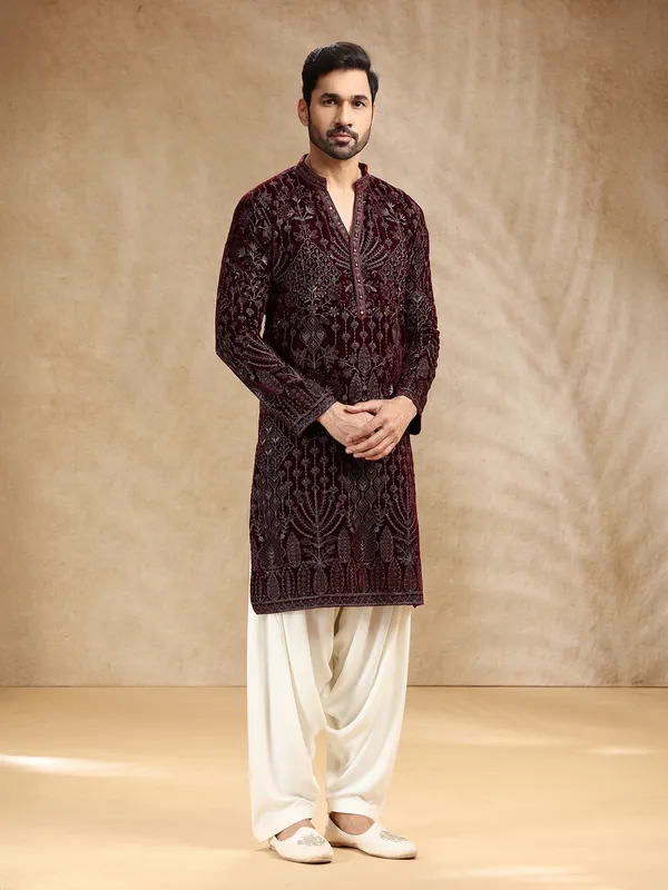 Wine velevt men kurta pajama with embroidery