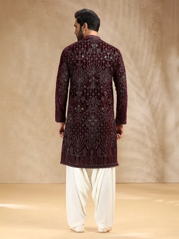 Wine velevt men kurta pajama with embroidery