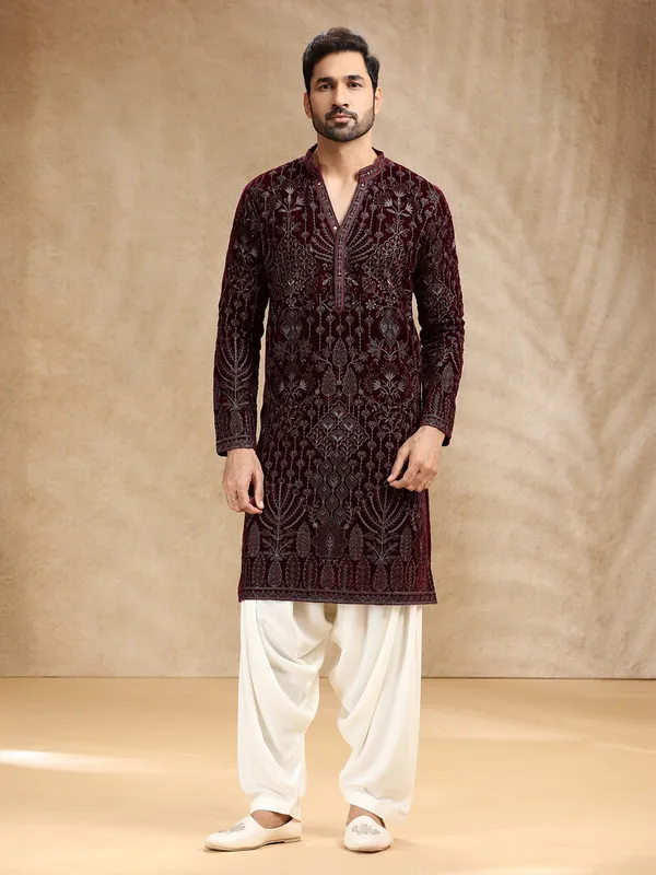 Wine velevt men kurta pajama with embroidery