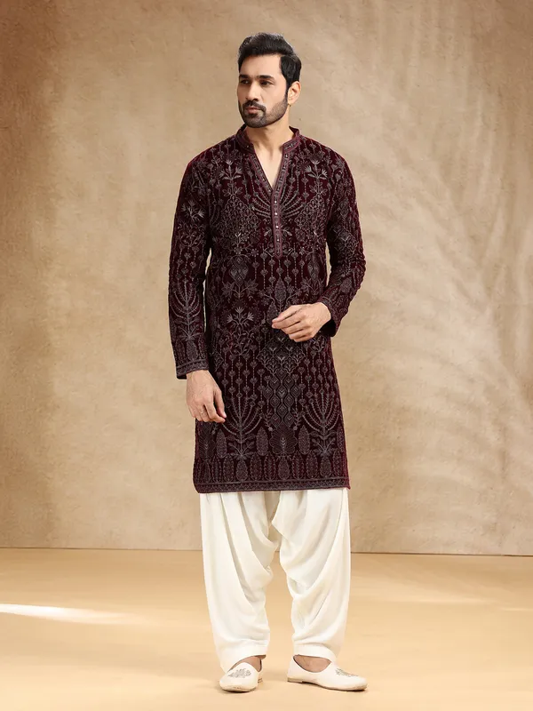 Wine velevt men kurta pajama with embroidery