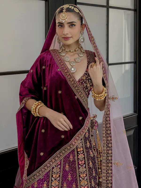 Wine velvet lehenga choli for bride